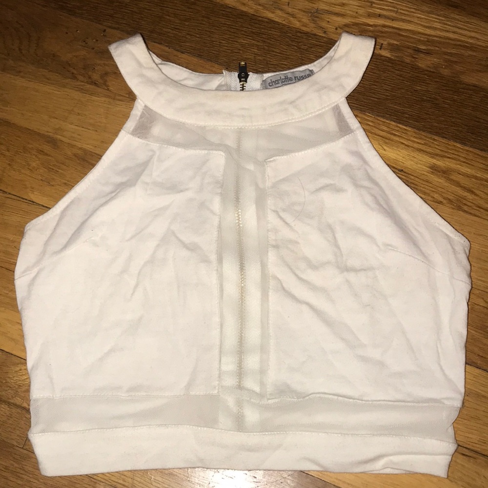High neck white crop top with sheer details